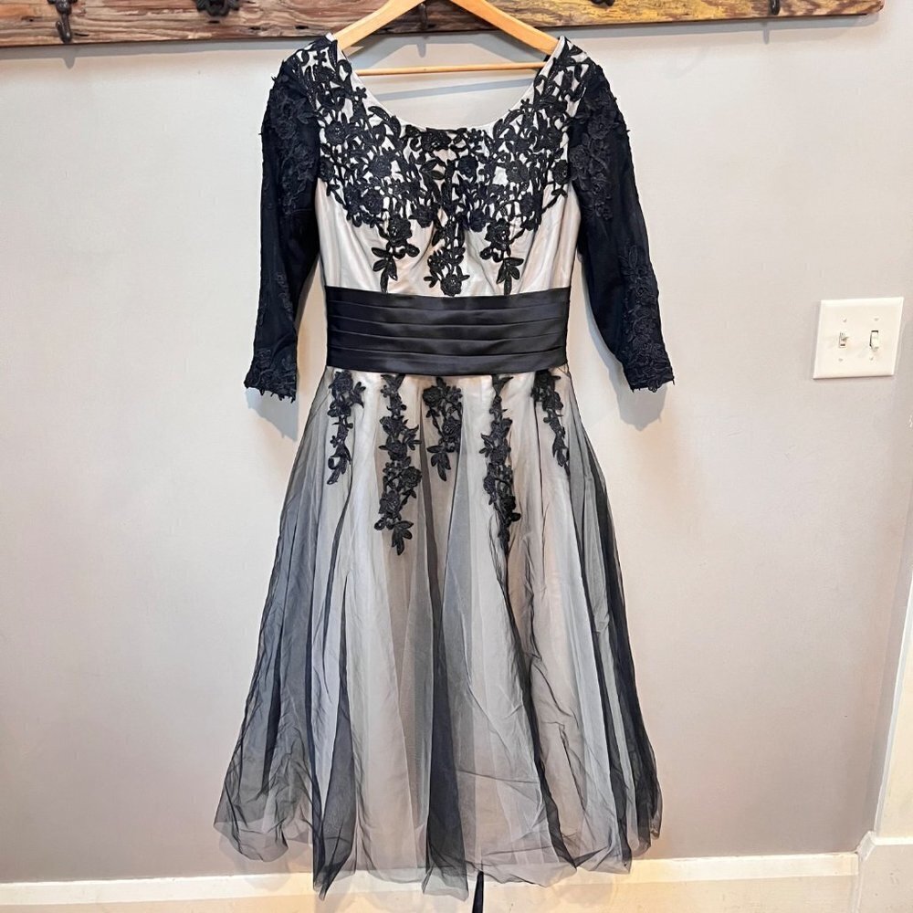 Snowskite Women's Black Lace Applique Tulle Long Formal Evening Dress - Size 10